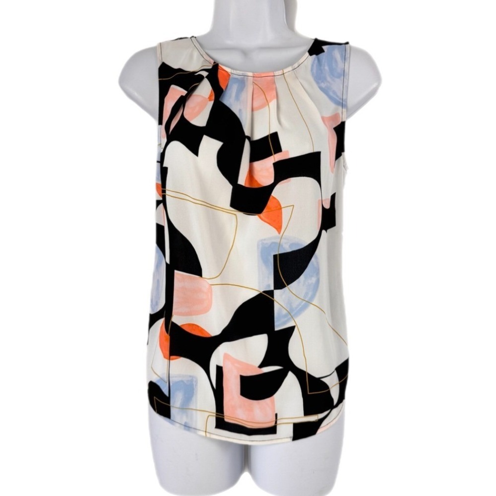 Worthington Blouse Women XS Multicolor Abstract Geometric Sleeveless Pleated Top - Picture 11 of 13